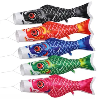 5 Stück Windsack für Draußen, Japanische Karpfen Windsackflagge 40cm, Koinobori Flagge Set, Bunte Fischfahne WindspielLuftschlangen für Garten Deko, Sushi Bar, Wetterfest Traditioneller Anhänger