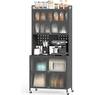 KOMFOTTEU Küchenschrank mit 5/6 Ebenen, Sideboard mit 4 Haken & 10 Dübeln, Buffetschrank mit Arbeitsplatte & Schränken, Küchenbuffet mit 4 Universalrollen (80 x 40 x 178 cm, Grau) - Grün