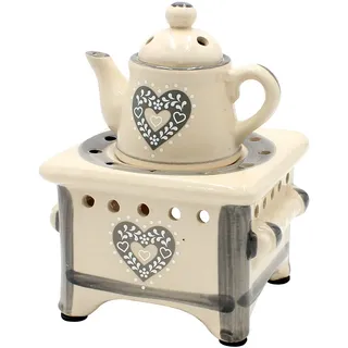 Dekohelden24 Duftlampe als Herd mit Kanne und Herz, grau/Aromalampe/Duftlicht/Duftstövchen, L/B/H: ca. 12 x 12 x 17 cm