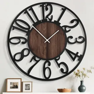 Mee 2ou 100cm Wanduhr, Leise Vintage Metall Uhr mit Holz-Zifferblatt, Batterie XXL Wanduhr im Landhausstil für Wohnzimmer, Schlafzimmer, Küche, Büro, Wanddeko