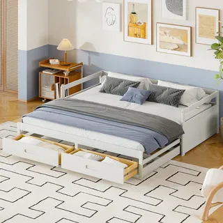okwish Ausziehbares Schlafsofa Daybett 90/180x190 cm mit Lattenrost und 2 Schubladen, Tagesbett Kinderbett Jugendbett aus Kiefer(Ohne Matratze)- Weiß - Weiß