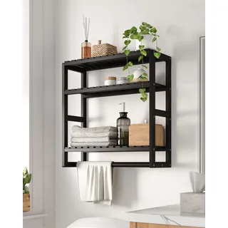 Galood Badezimmerregale, Wandmontage, 3 Etagen, platzsparend, Eckregal, Organizer, Bambus-Handtuchhalter, Toilettenpapierschrank mit Aufhängestange, Schwarz