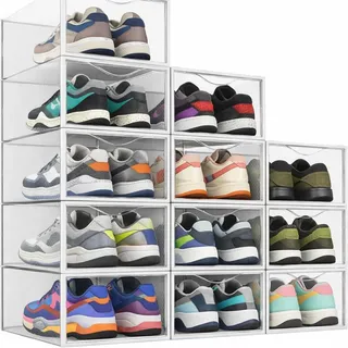 Seseno 12 Stück Schuh-Aufbewahrungsbehälter, transparenter Kunststoff, stapelbarer Schuh-Organizer für Schrank, platzsparend, faltbares Schuhregal, Schuhbox, Sneaker-Halter, Behälter