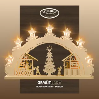 Weigla LED Schwibbogen »Weihnachtsmarkt, Lichterbogen aus Holz, NATUR, Made in Germany« 1 Stk. Erzgebirge garantiert, Weihnachtsdeko Innen, Weihnachtsbeleuchtung, beige