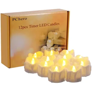 PChero LED Teelichter mit 6 Stunden Timer, 12er Set Elektrische Flammenlose LED Kerzen Flackernde Flamme mit Batterie und Timerfunktion für Halloween Party Zimmer Silvester Kürbis Deko Weihnachten