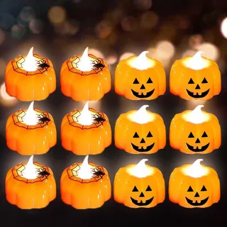 KEELYY 12 Stück Kürbis Teelichter LED Halloween Teelichter Flammenlose in Kürbisform Batteriebetriebene Pumpkin Kerzen Deko für Halloween Party Außen