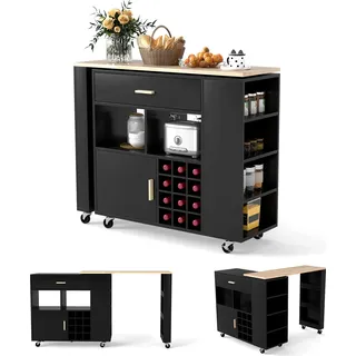COSTWAY Küchenwagen & Bartisch, Kücheninsel mit Regal, Weinregal, Schublade & Gewürzregal, Küchenschrank rollbar, Servierwagen, Schwarz - Schwarz