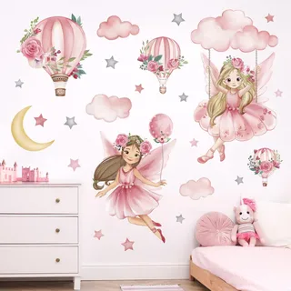 wondever Wandtattoo Rosa Feen Elfen Schwingen Wandaufkleber Mädchen Heißluftballon Blume Wandsticker Wanddeko für Mädchenzimmer Kinderzimmer Babyzimmer