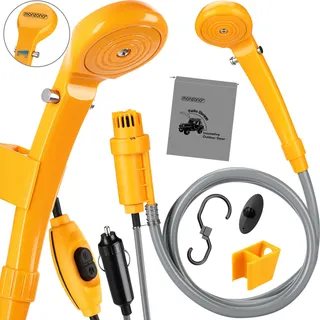 MONZANA® Campingdusche 12V KFZ-Adapter Aufbewahrungstasche 2m Schlauch 5m Stromkabel Handbrause Hundedusche Gartendusche Dusche Tauchpumpe gelb - Gelb