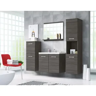 P & B Badezimmer , Eiche dunkel , Metall , 5-teilig , 2 Fächer , 5 Schublade(n) Schubladen , 120 cm , Fsc , hängend, Spiegel mit Ablage , Badezimmer, Badmöbelsets & Badmöbelserien, Badmöbel-Sets