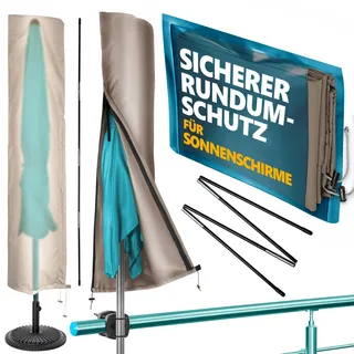 Menz Sonnenschirm Schutzhülle - Wetterfeste Schutzhülle für Schirm, Sonnenschirmhülle Ø 3 m / 2,5 x 1,5 m, robuste Schirmhülle mit Stab, Reißverschluss, Polyester Schirmabdeckung, Taupe