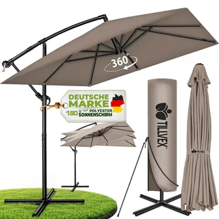 tillvex® Alu Sonnenschirm Rechteckig Ø 330 cm Grau + Abdeckung mit Kurbel | Ampelschirm Eckig mit Ständer | Gartenschirm UV-Schutz Aluminium | Kurbelschirm Marktschirm wasserdicht 360° drehbar - Hellbraun