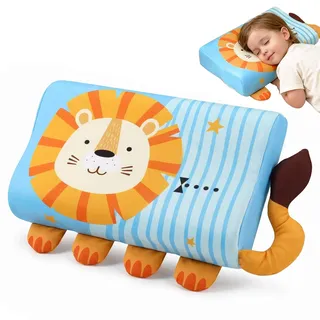 wiksite Schlummerkids Kissen - Calmly Kinderkissen 45 X 27 X 6cm Kinderkopfkissen Ergonomisches Kissen Kinder Komfortkissen mit Kopfkissenbezug & Löwe Kissen, Atmungsaktiv und Hautfreundlich