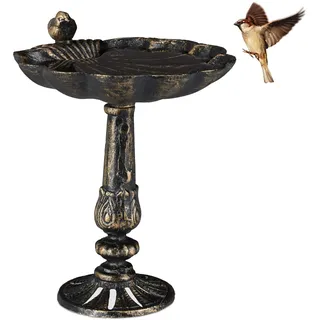 Relaxdays Vogeltränke Gusseisen, Gartendeko antikes Design, Vogelfutterstelle stehend, Wasserschale f. Wildvögel, bronze,