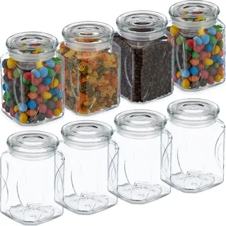 Relaxdays Vorratsgläser mit Deckel, 8er Set, Glas, 750 ml, eckige Vorratsdosen, luftdichte Glasbehälter, transparent - Transparent