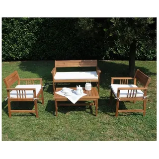 LOUNGE SET GARTEN AUS BRAUNEM AKAZIENHOLZ TISCH, SOFA SESSEL WEIßEN KISSEN BALI