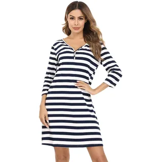 Doaraha Nachthemd Damen Streifen Schlafshirt Baumwolle Nachtkleid Kurz 3/4 Arm Sleepshirt V-Ausschnitt Schlafhemd (Dunkelblau, S)
