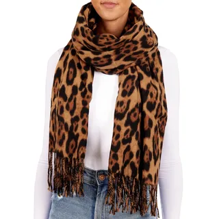 BRUBAKER Cashmirillo Damen Schal mit Leoparden Muster - 70 x 200 cm - Warm und Oversized - Leo Wollschal für Winter - Winterschal, Braun Schwarz - Braun, Schwarz