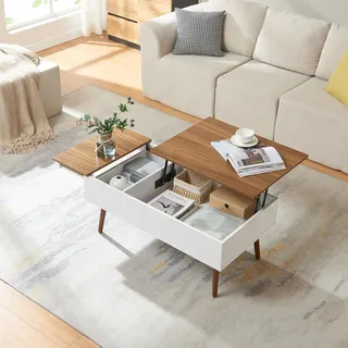 Couchtisch mit Stauraum 'Flesen' 2-teilige Tischplatte 92 x 52 x 41 cm Weiß / Walnussoptik - Braun