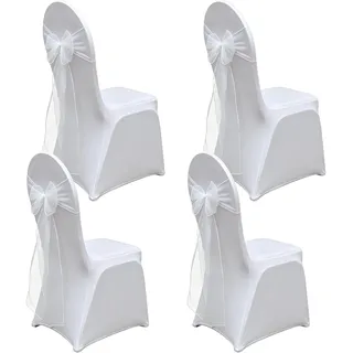 Nimblyne 4 Stück Stuhlhusse Schleifen: Abnehmbarer Stretch Stuhlhussen mit Weiß Schleifen, Waschbarer Universell Stuhlhussen Weiss für Hochzeit Bankett Dining Küche Party