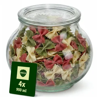 Weck Gläser 950ml – 4er Set mit Deckeln – Schmuckform – robuste, stapelbare Vorratsgläser & Einweckgläser - Glasbehälter ideal für Vorrat, Meal Prep und Dekoration – Made in Germany