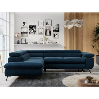 MKS Meble Ecksofa Sofa Blau, Wohnlandschaft L-Form mit Schlaffunktion und Bettkasten, Schlafsofa mit Bettkasten, Sofa mit Einstellbare Kopfstützen, Peter L ... Dunkelblau