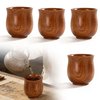 JOSTIVE 4 Stück Naturholz Trinkbecher Holz, Holzbecher 150ml, Flachboden Design Holztassen Schlicht, Becher für Kaffee, Holz Tee Set, Kaffeebecher, für Zuhause und Büro - Dunkelbraun