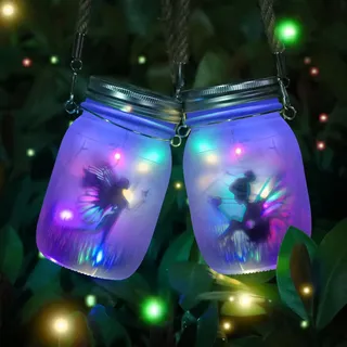 MLOQI 2 Solar Laterne für Außen,Schmetterlingsfee im Einmachglas,Solar Gartenleuchte Wasserdicht Hängend,Solarlaterne für Innengarten im Freien Gartendeko Weihnachtsgeschenke (Farbe)