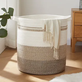 oiahomy Wäschekorb 50x45x45CM Aufbewahrungskorb aus Baumwolle Seil Wäschesammler Geflochten Korb Baby Spielzeug-Aufbewahrungsbehälter mit Griff für Wohnzimmer Kinderzimmer