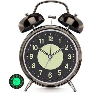 Schlafwecker für schwere Schlafende - Schlafzimmeruhr - 4'' batteriebetriebene - metallene Uhr mit Nachttischlampe - Retro-Analoguhr - Student mit leuchtender Ziffernblatt - stumm