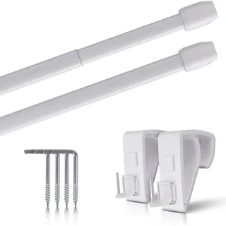 Vitragestangen Perlweiß 110–150 cm ausziehbar (2er-Pack), Scheibenstange mit Klemmträger und Schraubhaken, für Küchen- & Bistrogardinen - Weiß
