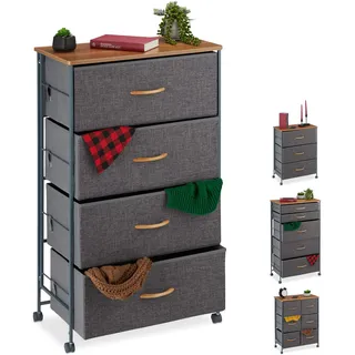 Relaxdays Schubladenschrank mit Rollen, 4 Stoff Schubladen, Deko Stoffschrank, Holzoptik, HBT 93 x 58 x 30 cm, grau