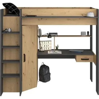 PARISOT Kombiniertes Kinderhochbett - Nachbildung Eiche und Grau - Inklusive Boxspring - 90 x 200 cm - HOCH - Braun, Grau