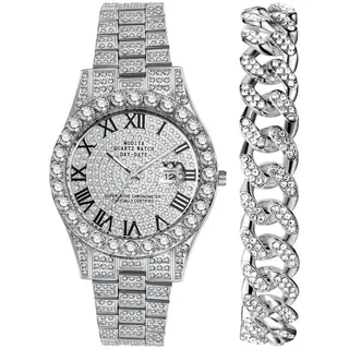 OIDEA Herren Armbanduhr Armkette Set: 2pcs Silber Herrenuhr Panzerkette Armband Analog Quarz Uhr Kalender Glitzer mit Römische Zifferblatt Casual Metallarmband Geschenk für Männer Freund