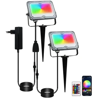 BOSITE RGB Gartenstrahler, 2er LED Strahler RGB mit Erdspieß, IP66 Wasserdicht LED Flutlicht Außen mit Fernbedienung und Bluetooth App, Spot led Farbe für Außen Garten Baum Landschaft Rasen (10W 24V)