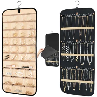 Oudizz Schmuckaufbewahrung Doppelseitige mit Metallhaken, Schmuck Organizer Hängend, Schmuckorganizer zum Aufhängen, Ketten Aufbewahrung Hanging Schmuckhalter Wand Tür für Ohrringe Ringe