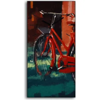 Wandbild Leinwand Bilder Wanduhr Geräuschlos 30x60 Eimer Blume Fahrrad Vintage - schwarze Hände - Rot