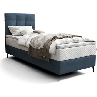 Roe Furniture | Polsterbett - INAO - 90x200 cm - Dunkelblau - Taschenfederkern-Matratze - Rechte - Boxspringbett - Bett mit Bettkasten - Tagesbett - Dunkelblau