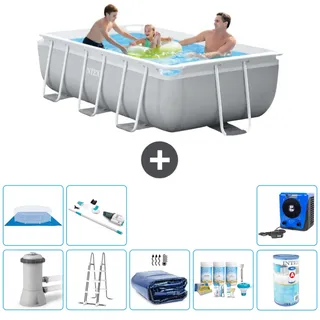 Intex Rechteckiges Prisma-Rahmen-Schwimmbecken – 300 x 175 x 80 cm – Grau – inklusive Pumpe – Leiter Sonnensegel - Wartungspaket - Filter - Bodenplane - Staubsauger - Wärmepumpe - Grau