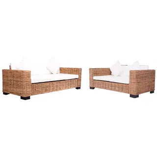 The Living Store 2-tlg. Gartensofas mit Polster Natürliches Rattan - Weiß