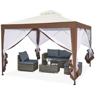 Mondeer Gartenpavillon 3x3m, Doppeldach Gartenlaube Pavillon mit 4 Moskitonetze Seitenteilen für Schatten und Regen, Metall Gestell Stabil, Beige und Braun