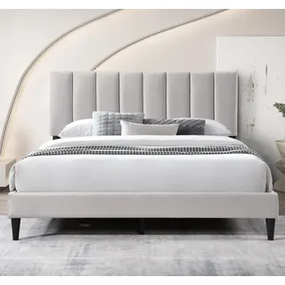 Polsterbett 140x200 und 160x200 cm Doppelbett mit Lattenrost und weichem Bezug, Bettgestell, vertikaler Steppung, 140x200 cm, Beige - Beige