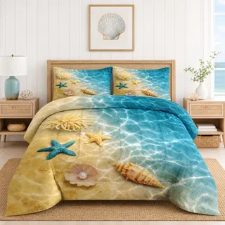 WeCozy Queen-Size-Bettdecken-Set mit 2 Kissenbezügen, Sommer, Meeresmuschel, Seestern, Strand, Ozean, weich, 3-teilig, Bettwäsche für Kinder und Erwachsene, Schlafzimmer, Bettdekoration