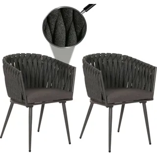 2er-Set Aluminium-Gartenstuhl HWC-N38, Outdoor Stuhl Armlehne, Olefin Seilgeflecht Rope  anthrazit Kissen dunkelgrau - Grau