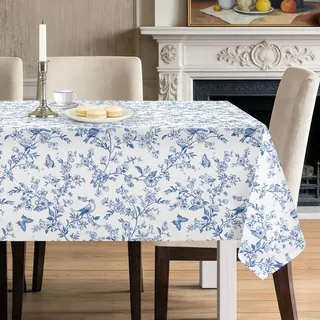 hometrixx Rustikale Tischdecke Abwaschbar Blumen Blau Vögel Vintage Bauernhaus Rustikale Tischdecken Rechteckig Polyester Tischtuch für Party Picknick Abendessen Küche Essen Tisch Dekor,140x180cm
