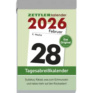 Zettler Tagesabreißkalender L 2026 - 6,6x9,9 cm - 1 Tag auf 1 Seite - mit Sudokus, Rezepten, Rätseln uvm. auf den Rückseiten - Bürokalender 304-0000