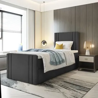 Bett Boxspringbett BEST MINI mit Fußteil, TOPPER T25, Bettkästen - Einzelbett, Stauraum, Schlafzimmer, Polsterbett (90x200, Schwarz - ITAKA 15) - Schwarz