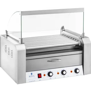 Rollgrill mit Deckel und Wärmeschublade für Brötchen 16 HotDog Würstchen 2200W 230V Royal Catering - Silber