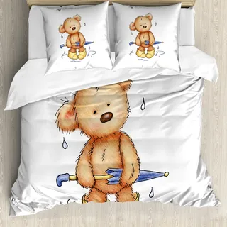 ABAKUHAUS Bär Bettbezug, Teddybär-Regen-Regenschirm, Milbensicher Allergiker geeignet mit Kissenbezügen, 200 cm x 200 cm - 80 x 80 cm, Sand, Braun, Gelb Blau - Beige, Braun, Gelb, Blau