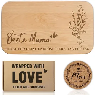 Muttertagsgeschenk für Mama, Personalisiert Graviertes Frühstücksbrett aus Holz mit Untersetzer, Küchengeschenkeset für Mama, Geburtstagsgeschenk Weihnachts Muttertagsgeschenke Beste Mama